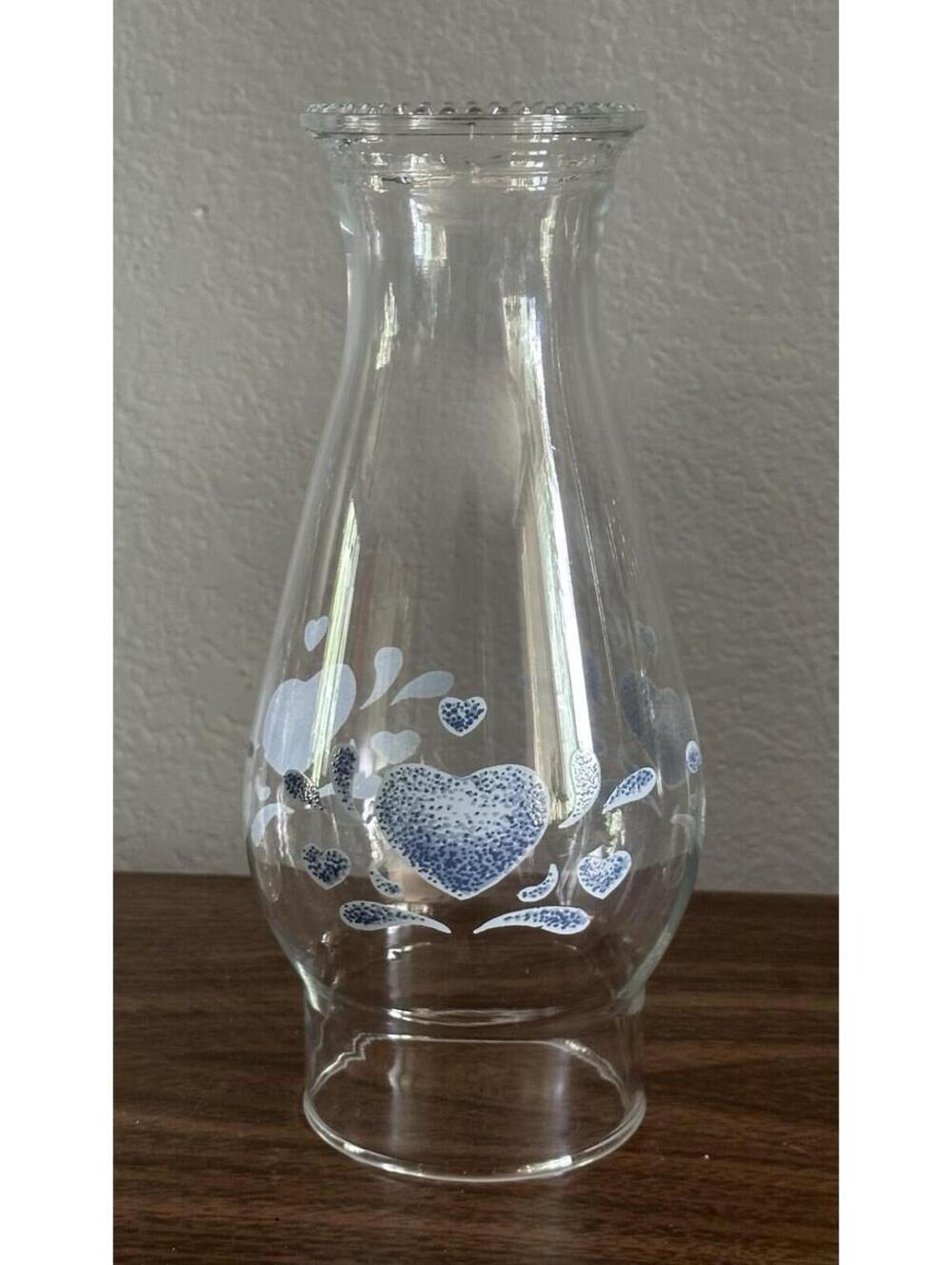 Glass Chimney Hurricane Lantern Globe - Blue Hearts Beaded Rim 3" Diameter